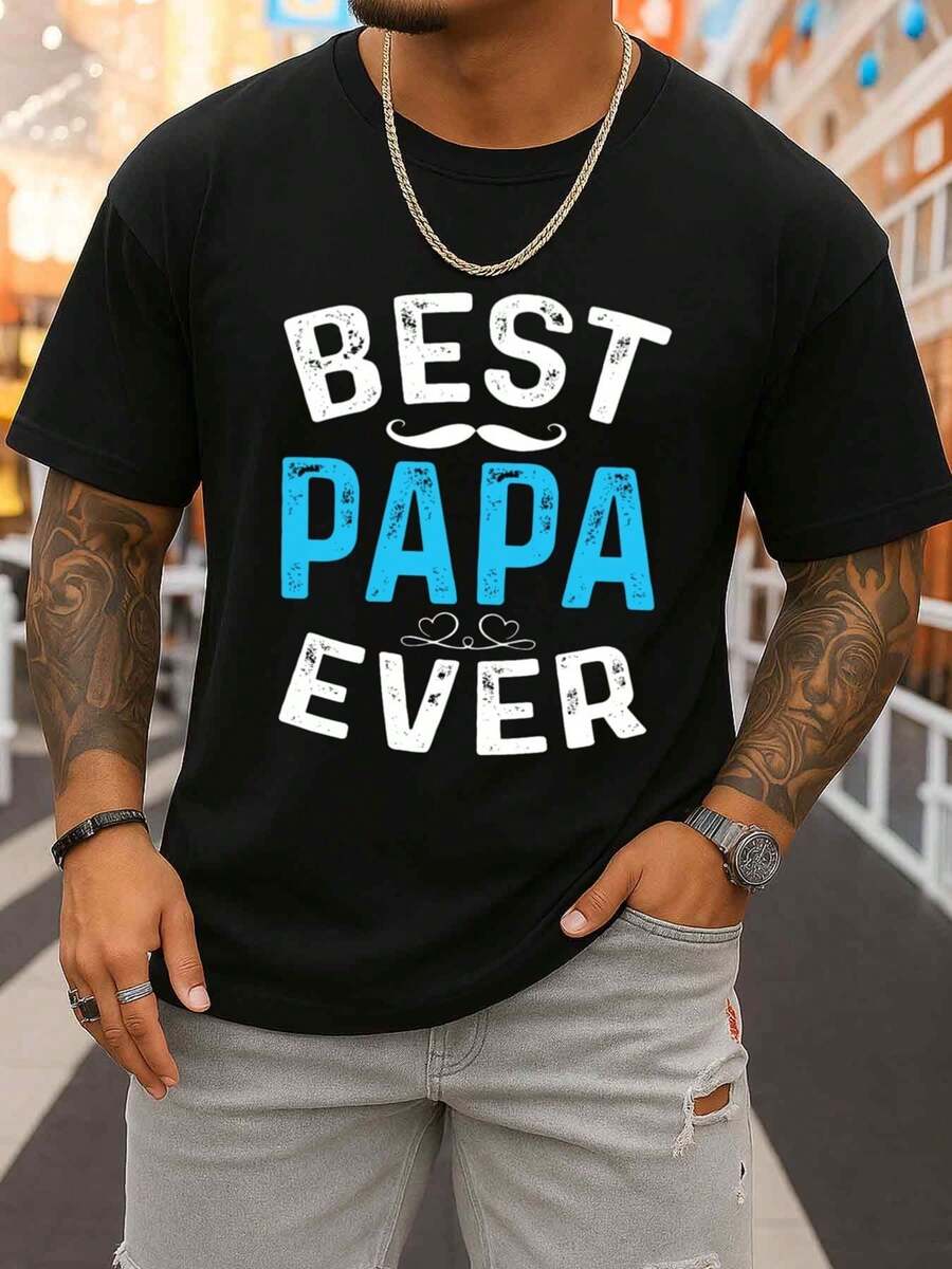 Camiseta negra de manga corta para hombre con diseño 'Best Papa Ever', perfecta para primavera y otoño. Esta moderna camiseta estampada ofrece un ajuste regular y comodidad para el día a día - Negro - Ver 1