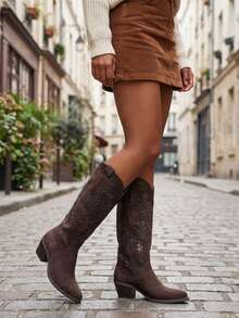 Ideal With Fall Clothes,Women's Western Style Embroidered Pointed Toe Slip-On PU Knee-High Boots, Chunky & Mid Heel, Winter Warm - Brown - View 7