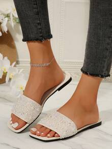 Plus Size Women's Slip-On Open Toe Rhinestone Decor Sandals, Casual Versatile Outdoor Plastic Flat Sandals For Spring/Summer, Non-Slip Beach & House Slippers - Beige - View 3