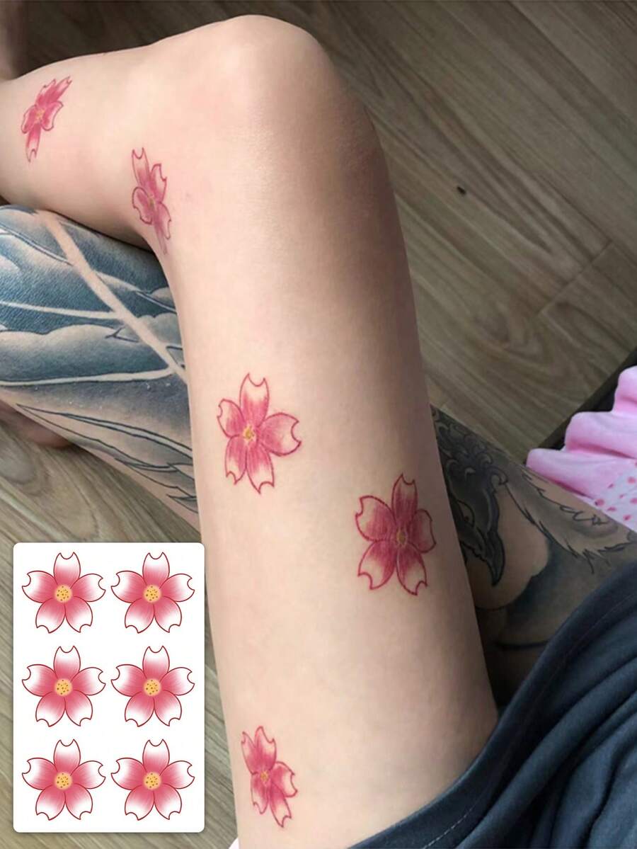 1张可水洗粉色渐变樱花临时纹身贴纸,防水持久,适合贴在大腿/手腕处装饰,可持续2-3天,ins风 - 彩色 - 查看 1