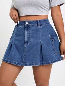 Plus Size Fashionable Folded & Pleated & Flap Pocket Design Denim Skirt With Cargo Style - 深灰色 - 查看 10