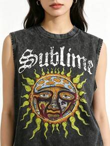 Vintage Sublime Sun Logo Washed Distressed Sleeveless Tank Top, Oversized Streetwear Graphic Vest, Retro Band Print Casual Top For Men - 黑色 - 查看 2