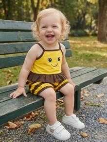 1 Set Baby Girls Cute Bee Sleeveless Ruffled Cartoon Top + Striped Floral Shorts, Soft & Adorable Outfit For Daily Wear, Outing, Photography, 2026 Spring/Summer New Fashion - Yellow - View 1