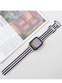 1件時尚彩色條紋印花矽膠錶帶，適用於Apple Watch 38/40/41/42/44/45/49/(S10 42)/(S10 46)/(S11 42)/(S11 46)mm女性，柔軟矽膠運動錶帶，兼容 Series 11 Ultra 3 Ultra 2 S10，搭配穿搭，日常佩戴 - 黑與白 - 查看 5