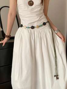 1pc Army Green Polyester Vintage Beaded Waist Rope For Women - Army Green - View 4