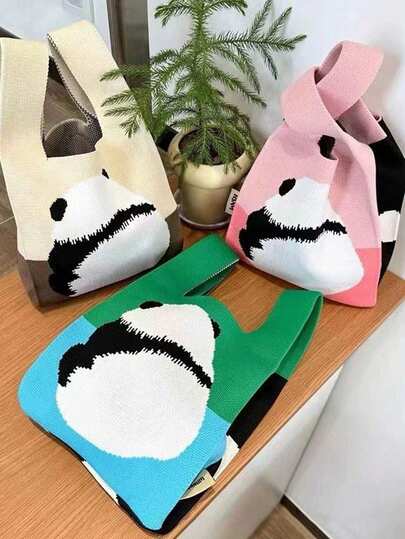 Túi xách len hình gấu trúc dễ thương, túi tote nhỏ hình gấu trúc, túi xô kiểu Hàn Quốc đa năng, túi xách/túi mua sắm dễ thương, phù hợp cho hoạt động ngoài trời, du lịch, đi học, đồ dùng cần thiết mùa hè, kỳ nghỉ, mua sắm, đi làm, tiệc tùng.