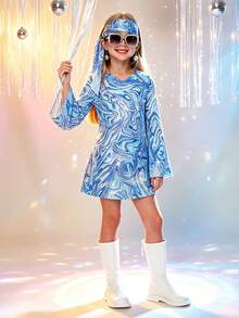 青少年女孩 70 年代迪斯可舞會禮服服裝，適用於舞蹈派對、生日派對、兒童節、萬聖節 - 藍色 - 查看 3