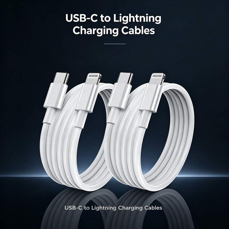 2条3.3英尺/100厘米PD充电线，USB-C转Lightning数据线，兼容苹果系列（14 Pro Max/14 Pro/14 Plus/14/13/12/11/XS/XR/8/7/6系列），高速数据传输和快速充电 - 白色 - 查看 1