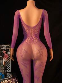 1 pieza Lencería sexy para mujer Bodystocking de red, Medias de Body de encaje jacquard de malla, Atuendo de bailarina exótica de club - Morado - Ver 5