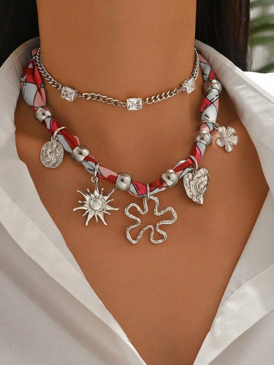 2pcs/Set Unique Design Silver Chain With Rhinestone Zirconia Flower & Heart Pendant Necklace, Fashionable Versatile Scarf Necklace Suitable For Daily Wear, Shopping, Party, Music Festival - Silver - View 1