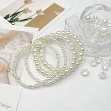 6pcs/Set Matching Pearl Beaded Bracelets | Elastic Beaded Bracelets For Girls, Vintage Multi-Layer Jewelry, Unlocks 6 Stacking Styles - Multicolor - View 2