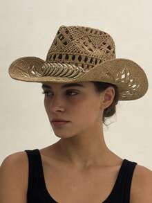 1pc Bohemian Solid Color Beaded Hollow Panama Straw Hat, Casual UV Protection Decorative Sun Hat, Fashion Versatile, Suitable For Outdoor Activities, All Seasons - Panama Straw Hat - View 24