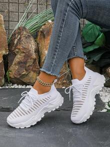 Women's Casual Sports Shoes, Mesh Fabric, Breathable & Comfortable, Lightweight Lace-Up, Solid Color, Breathable, Anti-Slip, Wear-Resistant - White - View 4