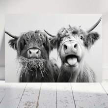 2D Plano, El Dúo de Vacas de las Tierras Altas Serias y Tontas en Blanco y 1 Regalos de San Valentín Decoraciones de Pascua, Decoraciones de Pared, Decoraciones de Habitación, Pósteres de Arte en Lienzo con Marco de Madera, Decoraciones para el Hogar, Decoraciones de Dormitorio, Decoraciones de - Enmarcado - Ver 1