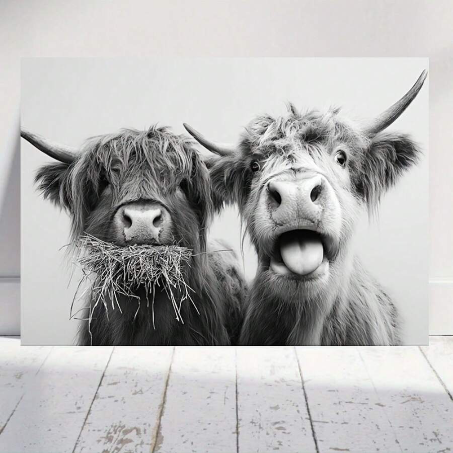 2D Plano, El Dúo de Vacas de las Tierras Altas Serias y Tontas en Blanco y 1 Regalos de San Valentín Decoraciones de Pascua, Decoraciones de Pared, Decoraciones de Habitación, Pósteres de Arte en Lienzo con Marco de Madera, Decoraciones para el Hogar, Decoraciones de Dormitorio, Decoraciones de - Enmarcado - Ver 1