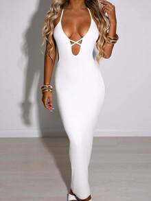 Vestido largo sexi con escote en V profundo y vendaje cruzado para mujer, vestido ajustado sin mangas con espalda descubierta, Vestidos elegantes para fiesta y discoteca - BLANCO - Ver 1
