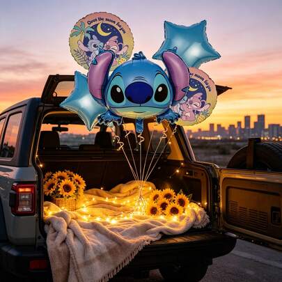 迪士尼5件套蓝色外星人头铝箔气球，浪漫日落圆形气球，星形气球，适用于生日、周年纪念派对、房间装饰、拍照道具