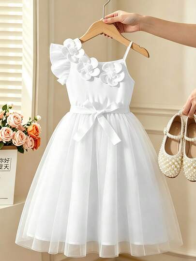 Đầm trắng thanh lịch kiểu Pháp dành cho bé gái, họa tiết hoa 3D, kiểu công chúa lệch vai bằng vải lưới, thích hợp cho ngày thiếu nhi, tiệc sinh nhật, mùa hè.