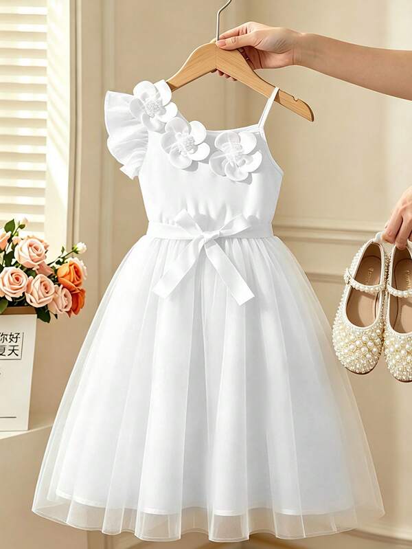 Girls' Elegant French Style White Dress With 3D Floral Decor, One Shoulder Mesh Princess Dress, Suitable For Children's Day, Birthday Party, Summer
