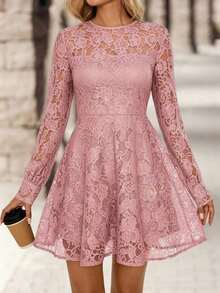 Vestido corto elegante de manga larga con cuello redondo y encaje floral para mujer - Azul marino - Ver 11