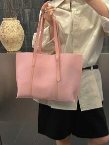 2pcs Women's Solid Color Embroidered Fashionable Large Capacity Shoulder Tote Bag, Casual Crossbody Bag, Elegant Ladies Handbag Suitable For Carrying Tablet, Wallet, Phone, Cosmetics, Great For Office, Shopping, Travel, Photography, Also An Excellent Gift For Girlfriend, Mom, Daughter - Pink - View 3