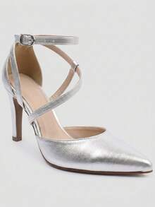 RE&TON Women's Pointed Toe Pump With 9cm Heel And Comfort Insole SC2 - Silver - View 3