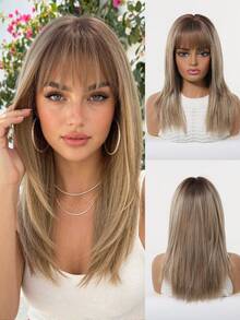 Mid-Length Straight Wig With Fringe Synthetic Wig For Women Chic All Matched With Heat-Resistant For Daily Party Cosplay - Brown Ombre - View 13