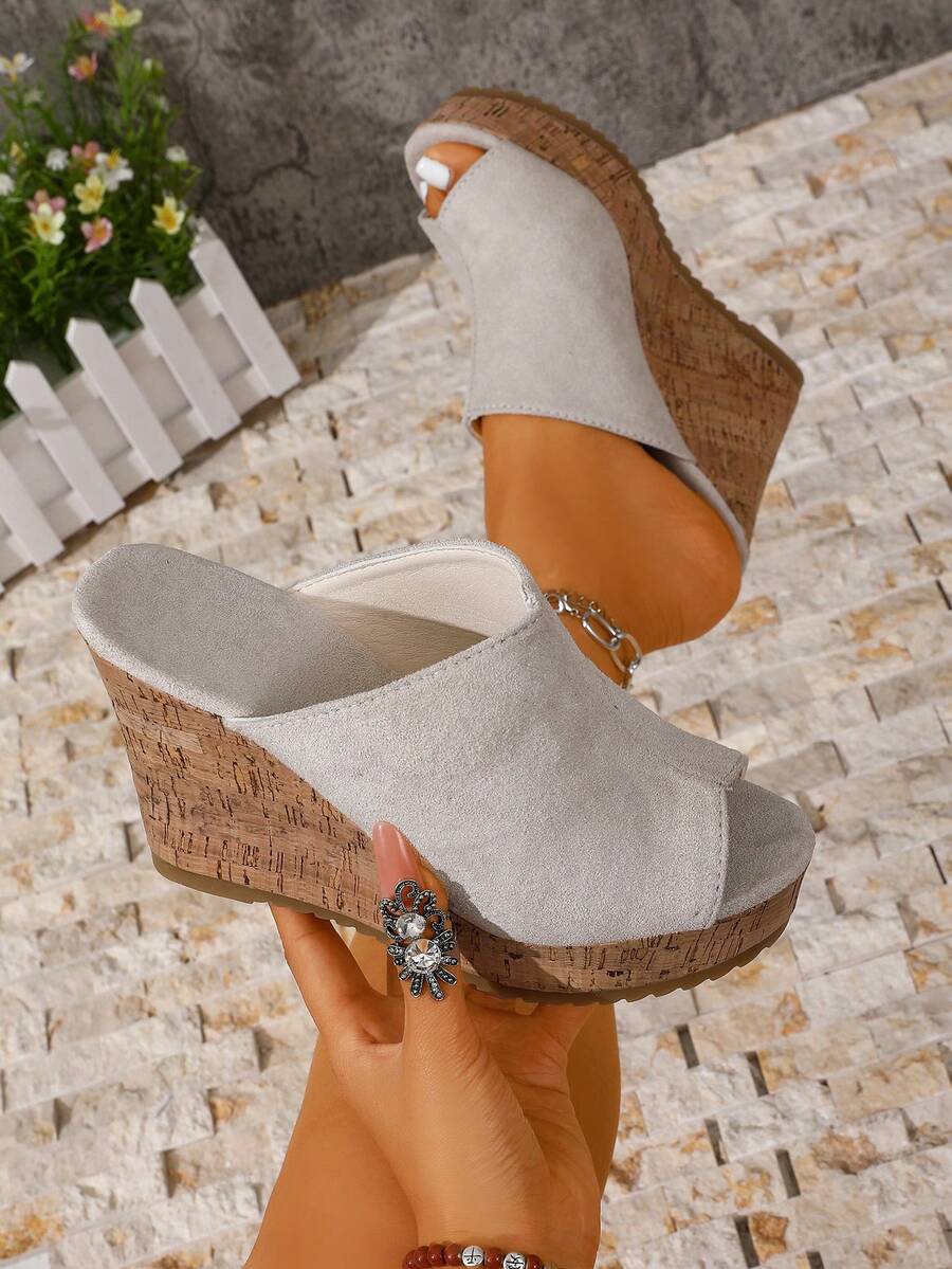 European And American Style Cork Wedge Heel Open Toe Slides For Women, Thick Sole Platform Slip-On Sandals