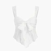 Camisola de mujer con tirantes anchos, cuello en V, lazo frontal y encaje calado, top ajustado, estilo dulce y elegante para primavera y verano, ideal para uso diario. - BLANCO - Ver 5