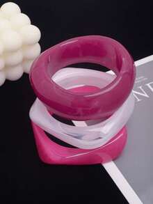 3pcs Rose Red Beach Style Acrylic Bracelet Set, Suitable For Daily Wear And Vacation - Hot Pink - View 4