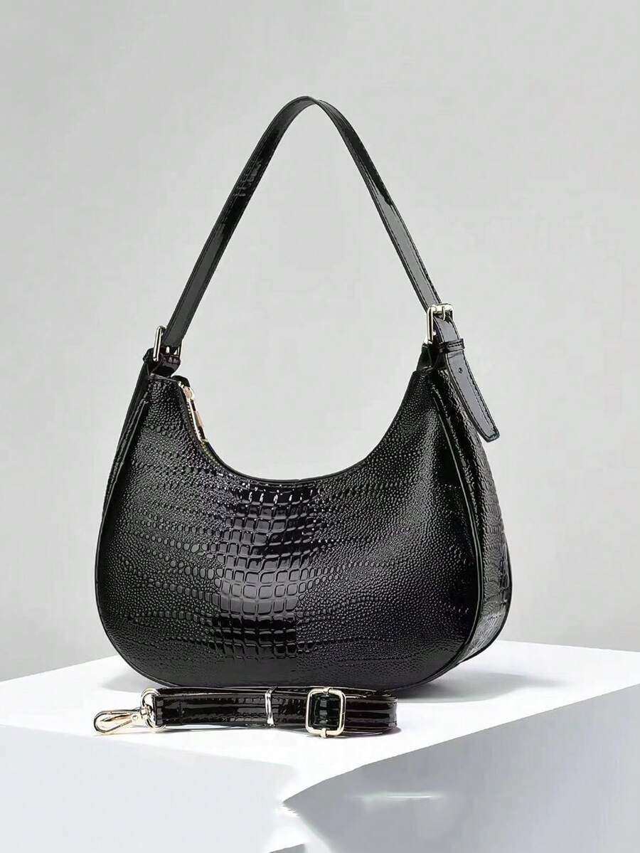 Nova Bolsa Minimalista Elegante e Fashionista com Lua Crescente Brilhante, Casual, Clássica, Versátil, para Uso Diário e Transporte, com Alça Destacável de Ombro e Transversal - Preto - Visão 1