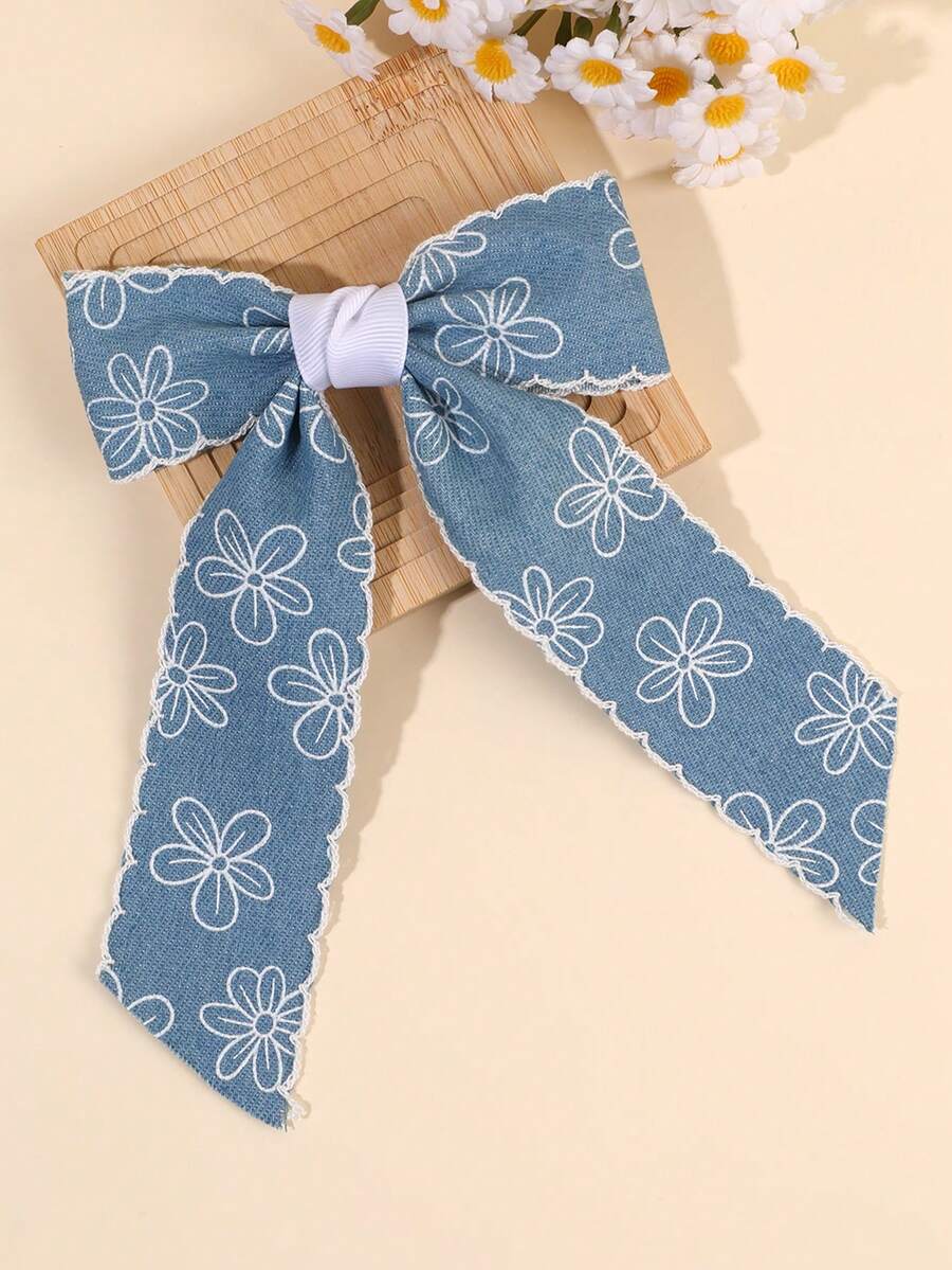 1pc Light Blue Hair Bow For Women Cute Flower Fabric Bow Alligator Clip With Tail Elegant Bow Hair Clip White Edge Bow Barrette Women Hair Accessories,Festival,Party - Baby Blue - View 1