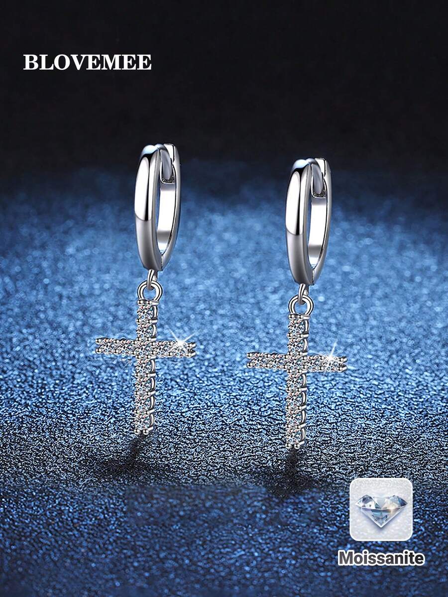 BLOVEMEE 2 đôi bông tai hình thánh giá tối giản bằng bạc sterling 925, đính 22 viên đá Moissanite 1.5mm, thích hợp cho nữ giới đeo hàng ngày, dự tiệc, ngày Valentine, ngày của Mẹ, sinh nhật, kỷ niệm ngày cưới, làm quà tặng trang sức. - Bạc - Xem 1