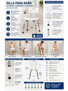 Shower Chair With Backrest, Armless, For Fast Drainage With Glides FOR ADULTS WITH PROBLEMS: Mobility, Post-Operative Care, Posture - A - View 3
