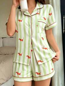 2pcs Comfortable Dachshund Print Short Sleeve & Shorts Pajama Set For Women, Suitable For All Seasons - Green - View 5