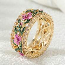 Women's Bohemian Rings, Hollow Colorful Flower Design, Synthetic Cubic Zirconia, Suitable For Party, Vacation And Daily Wear - Gold - View 3