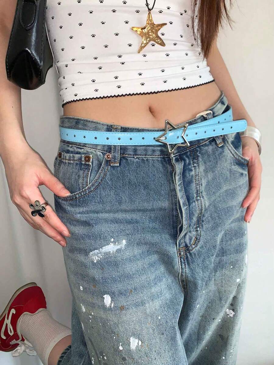 1件装女士蓝色PU皮革休闲腰带,星形扣设计,纯色,百搭 - 藍色 - 查看 1