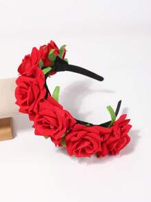 1pc Girls' Cross-Border New Rose Headband, Realistic 3D Flocked Rose Flower Hair Hoop, Headdress For Travel & Photo Shoot - Red - View 5
