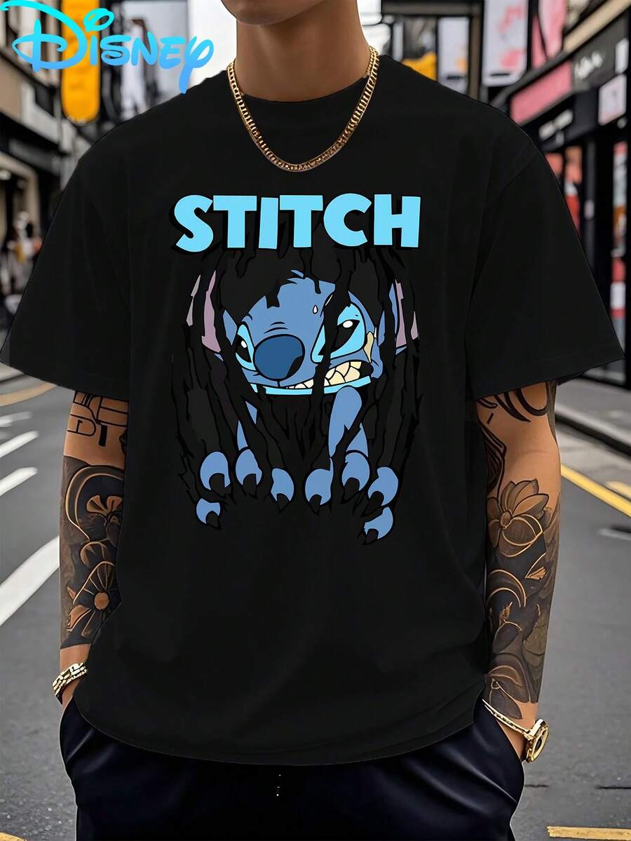 Disney Has One Men's T-Shirt: A Short-Sleeved T-Shirt With Stitch's Angry Claw Mark Pattern, A Round-Neck Casual And Comfortable T-Shirt, Breathable And Lightweight, Suitable For Both Sporty And Casual Wear, A Loose T-Shirt, Perfect For Gi - Black - View 1