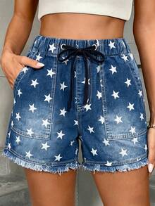 Quần short denim nữ dáng suông, không co giãn, in hình ngôi sao, có dây rút, thích hợp mặc mùa hè. - Rửa nhẹ - Xem 4