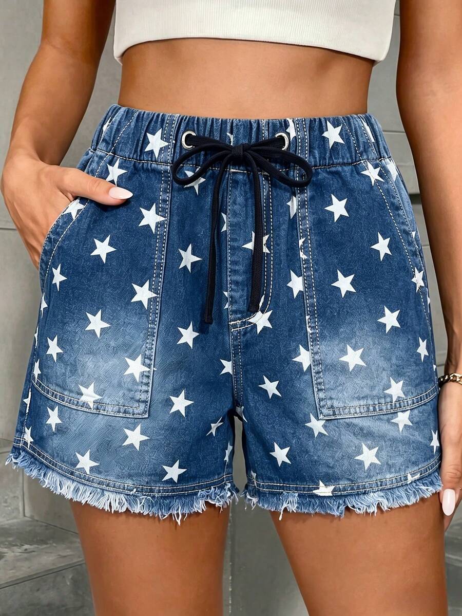 Pantalones cortos de mezclilla con cordón y estampado de estrellas, pierna recta sin estiramiento, para mujer, de estilo casual de verano - Lavado ligero - Ver 1