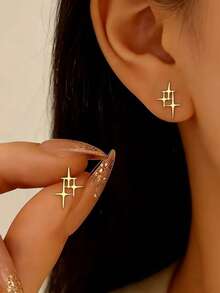 1 par de pendientes elegantes y minimalistas, pendientes de estrella de plata geométricos simples y de moda, pendientes de cruz irregular personalizados, adecuados para usar en fotografía callejera diaria, banquetes y fiestas - Estrella - Ver 6