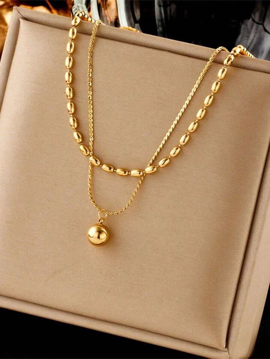 1pc Stainless Steel Double Layer Beaded Pendant Retro Style Necklace, Suitable For Daily Wear - Vàng - Xem 1