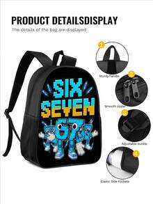 1pc SIX SEVEN Robot Themed Backpack, Fashion Mixed Color Design, Outdoor Backpack Made Of Durable Polyester Fabric, Lightweight And Easy To Clean, With Reinforced Handle, Smooth Zipper, Adjustable Buckle, And Elastic Side Pockets, Suitable For Teenagers, 15-Inch Casual School Style Backpack, Unisex Outdoor Commuting Daypack, Sports, Hiking, Travel, Back To School, Holiday Gift - Black - View 4