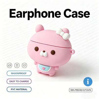 Cute 3D Bear Design Silicone Protective Case For AirPods Pro / Pro 2 / Pro 3/ Pro 4, With Pink Lanyard
