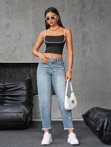 Pantalones Vaqueros Mujer Azul Claro Premium, Corte Holgado Mom Boyfriend, Diseño Cropped Tobillero Con Bordes Deshilachados Desgastados, Cintura Alta Clásica Con Bolsillos Frontales, Tejido Denim Suave Elástico Transpirable, Estilo Casual Urbano Relajado Ideal Para Looks Diarios, Combinaciones Con Crop Tops Y Zapatillas Modernos - Lavado ligero - Ver 3
