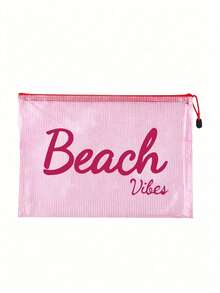 Mehrfarbige, wasserdichte, modische Mesh-Stoff Strandtasche, Make-up-Tasche mit "Beach"-Aufdruck, Strandmotiv, große, transparente Kosmetiktasche mit hoher Kapazität - Verschiedenfarbig - Übersicht 13