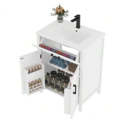 Bathroom Vanity Unit 60 X 46 X 84.8 Cm With Sink, Under-Sink Cabinet, Fully Lacquered Finish, Double Door Shelves, Practical Drawers, Adjustable Shelves, Integrated Ceramic Sink, White.