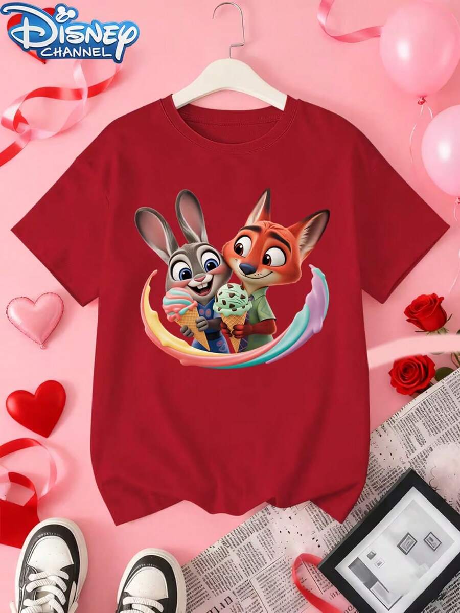 Genuine Disney Authorized Zootopia Role & Ice Cream Theme Printed Casual Men's And Women's T-Shirts, Suitable For Spring, Summer And Autumn, New Ladies' Casual Wild Retro T-Shirts. - Đỏ - Xem 1