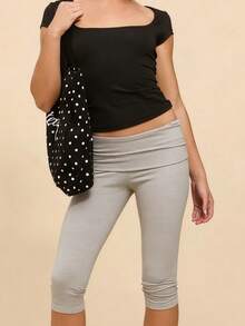 Womens Low Rise Capri Pants Fold Over Waistband Solid Color Slim Fit Cropped Pants Trousers - Gris - Ver 4